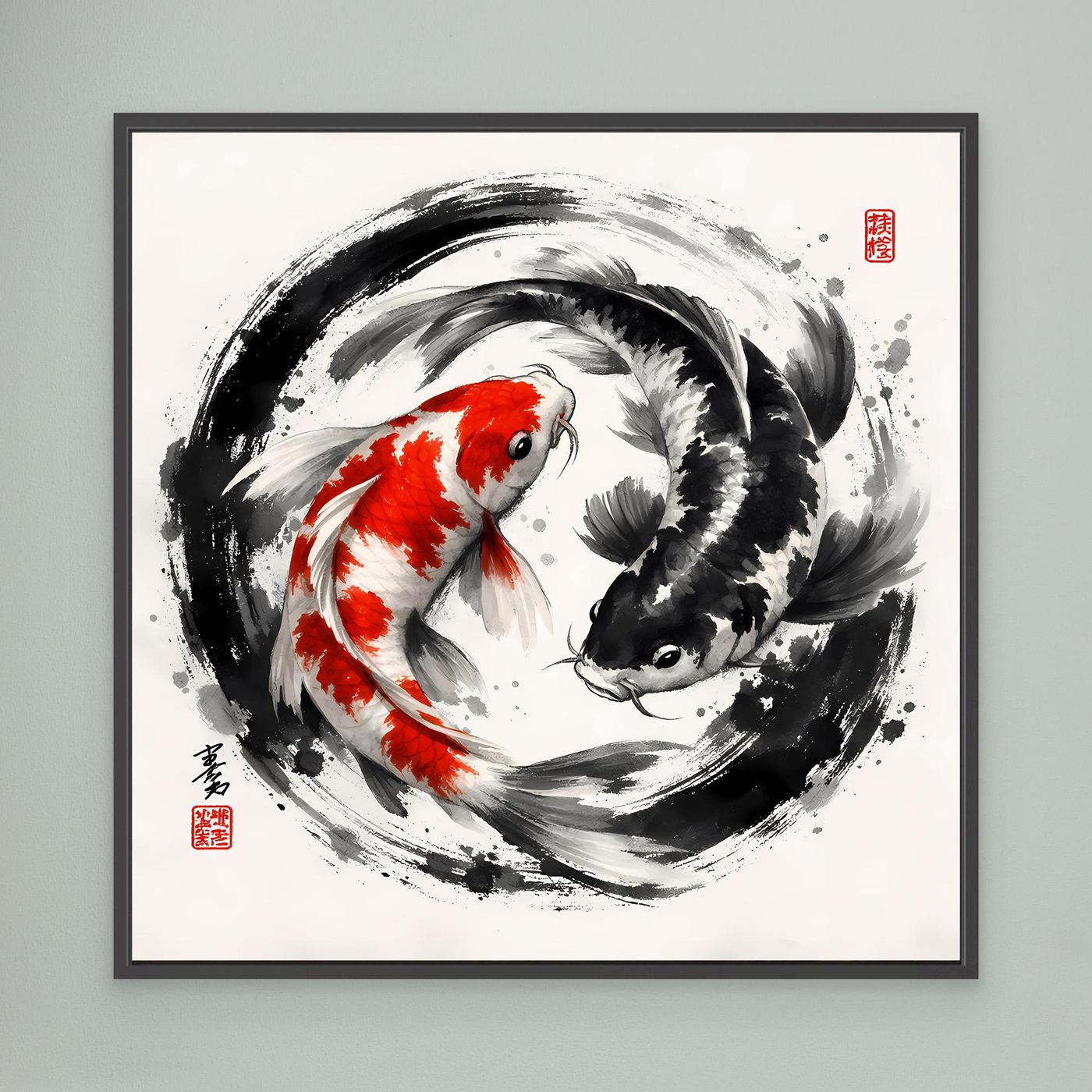 Leinwandbild mit Koi-Fischen im Yin-Yang-Motiv, schwarz-weiß mit rotem Fisch, schwarz gerahmt