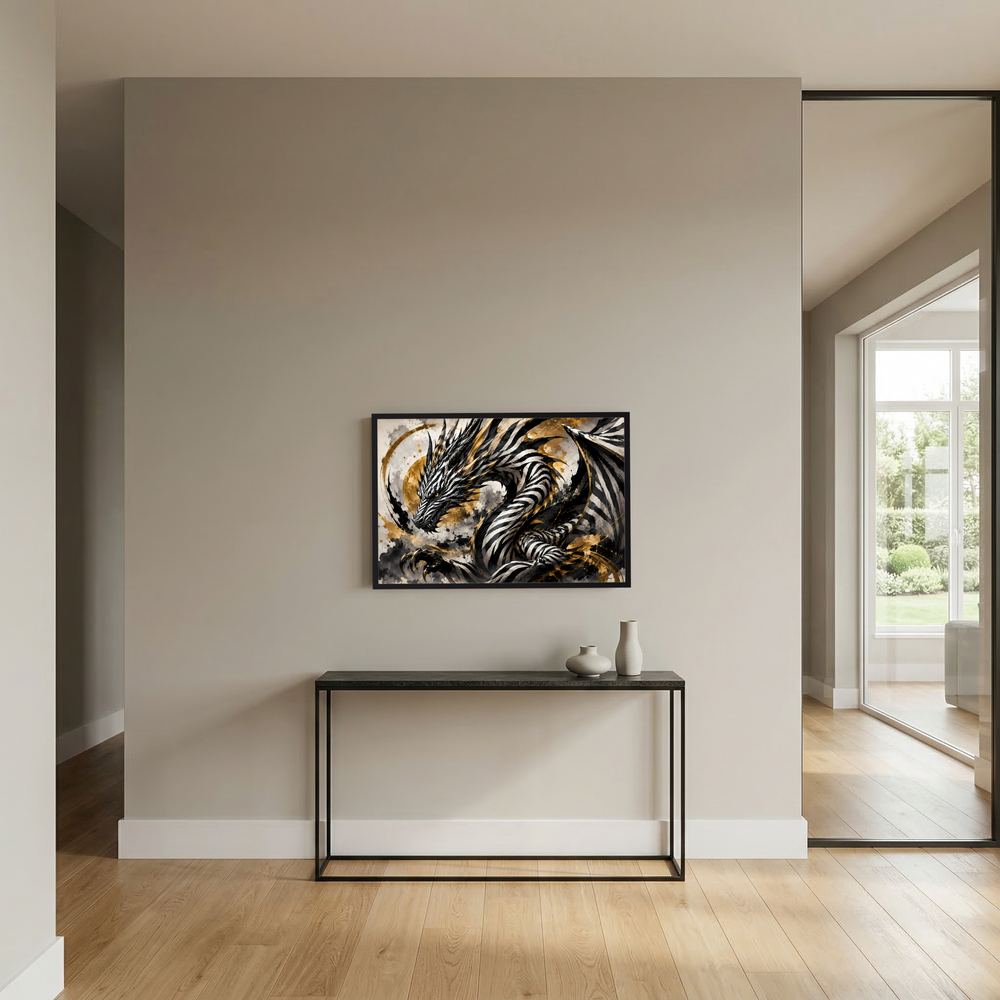 Kleines, gerahmtes Poster im Querformat mit Zebra-Drachenkopf in Schwarz, Weiß und Gold