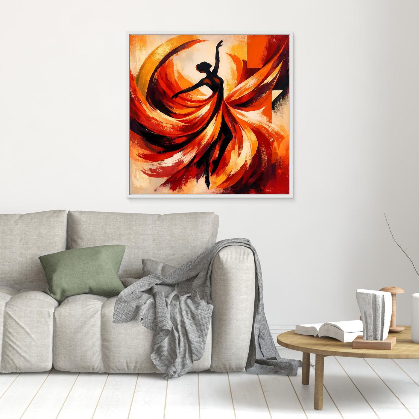 Leinwandbild mit hellem Rahmen: abstrakte Ballerina, Rot-Orange, schwarze Silhouette.