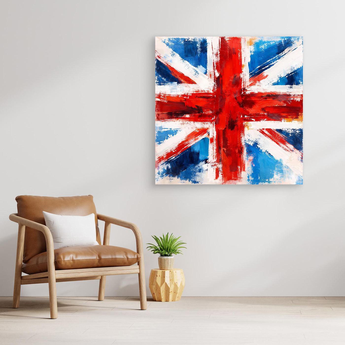 Abstract Union Jack wall art canvas, blue and red cross with white distressed brush lines
