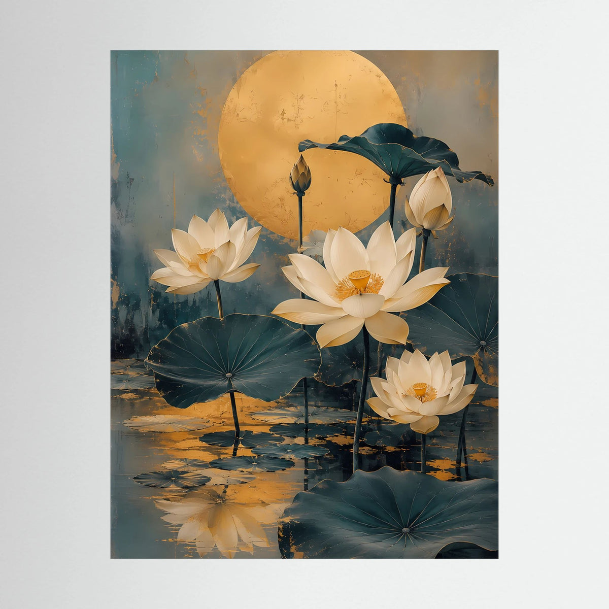 Nahansicht: Poster mit goldenem Mond und weißen Lotusblüten im Wasser