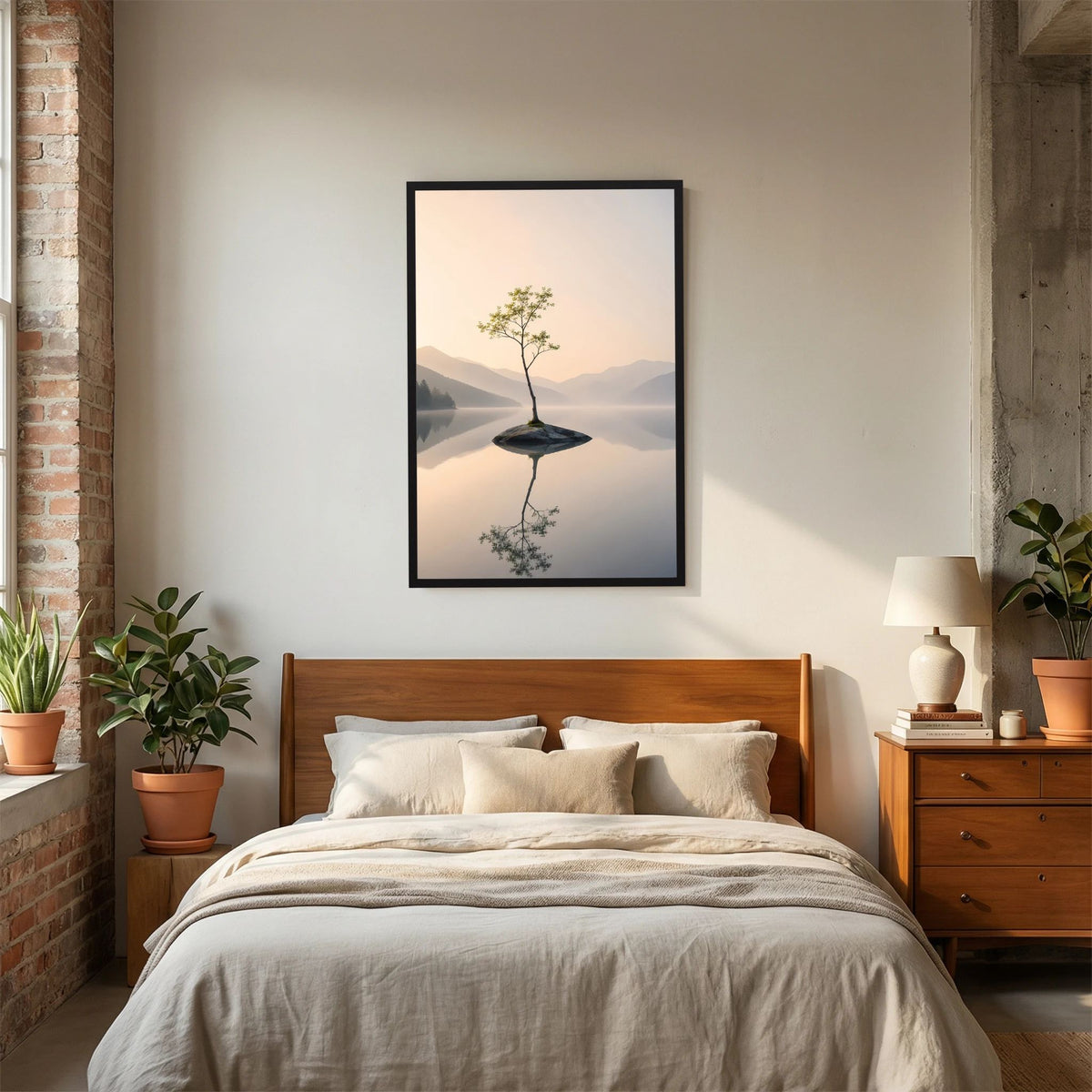 Einsamer Baum im Bergsee | Minimalistische Landschaft mit Spiegelung | Poster Hochformat