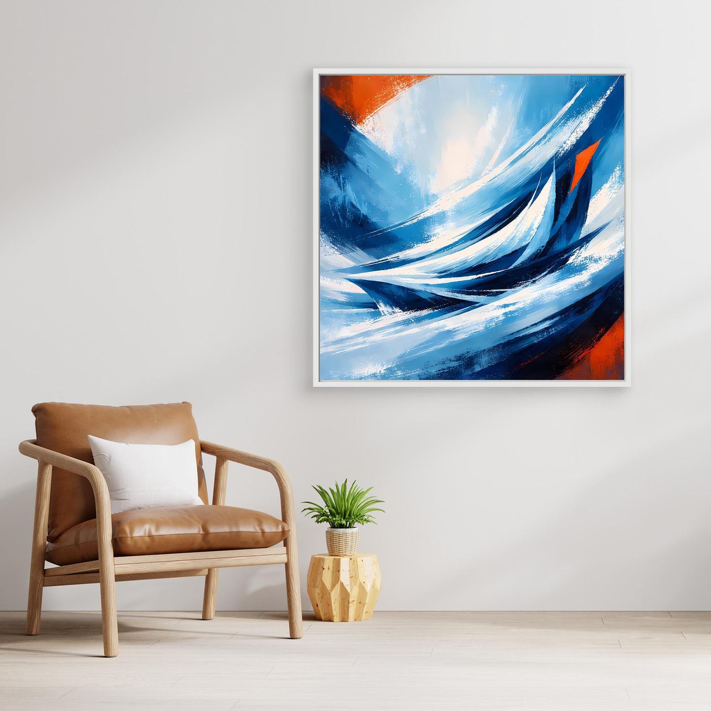 Abstraktes Leinwandbild: blaue Wellen und helle Striche mit orangefarbenen Akzenten im Hochformat
