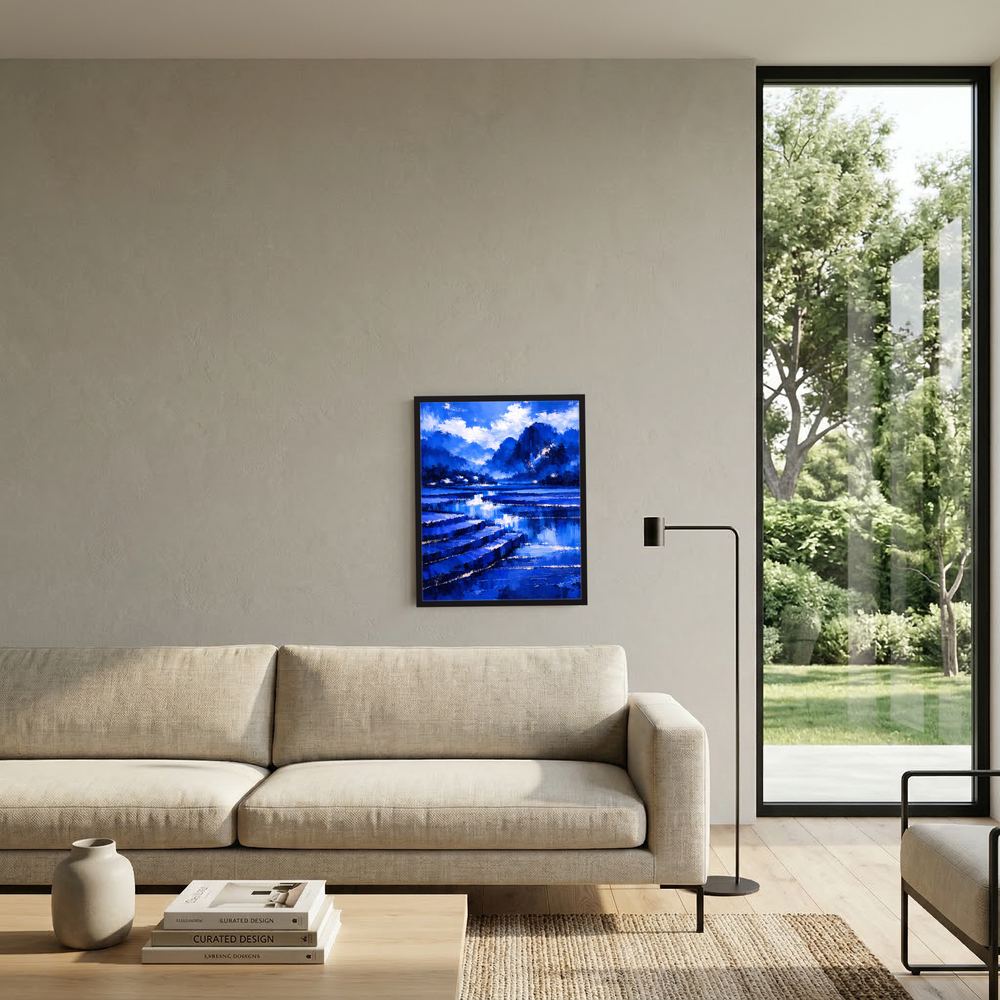 Abstraktes Poster im dunklen Rahmen mit blauem Bergsee an beiger Wand