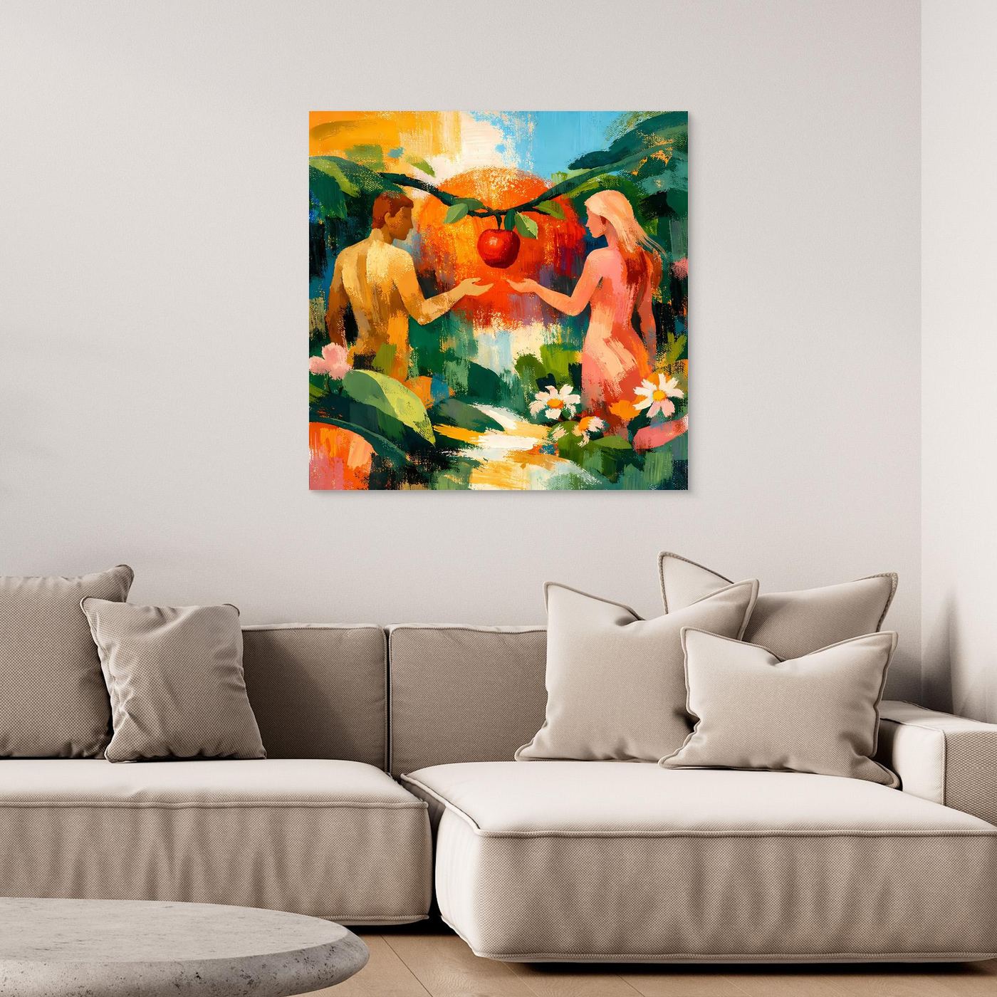 Square canvas wall art with stylized nude figures holding hands amid flowers and green leaves