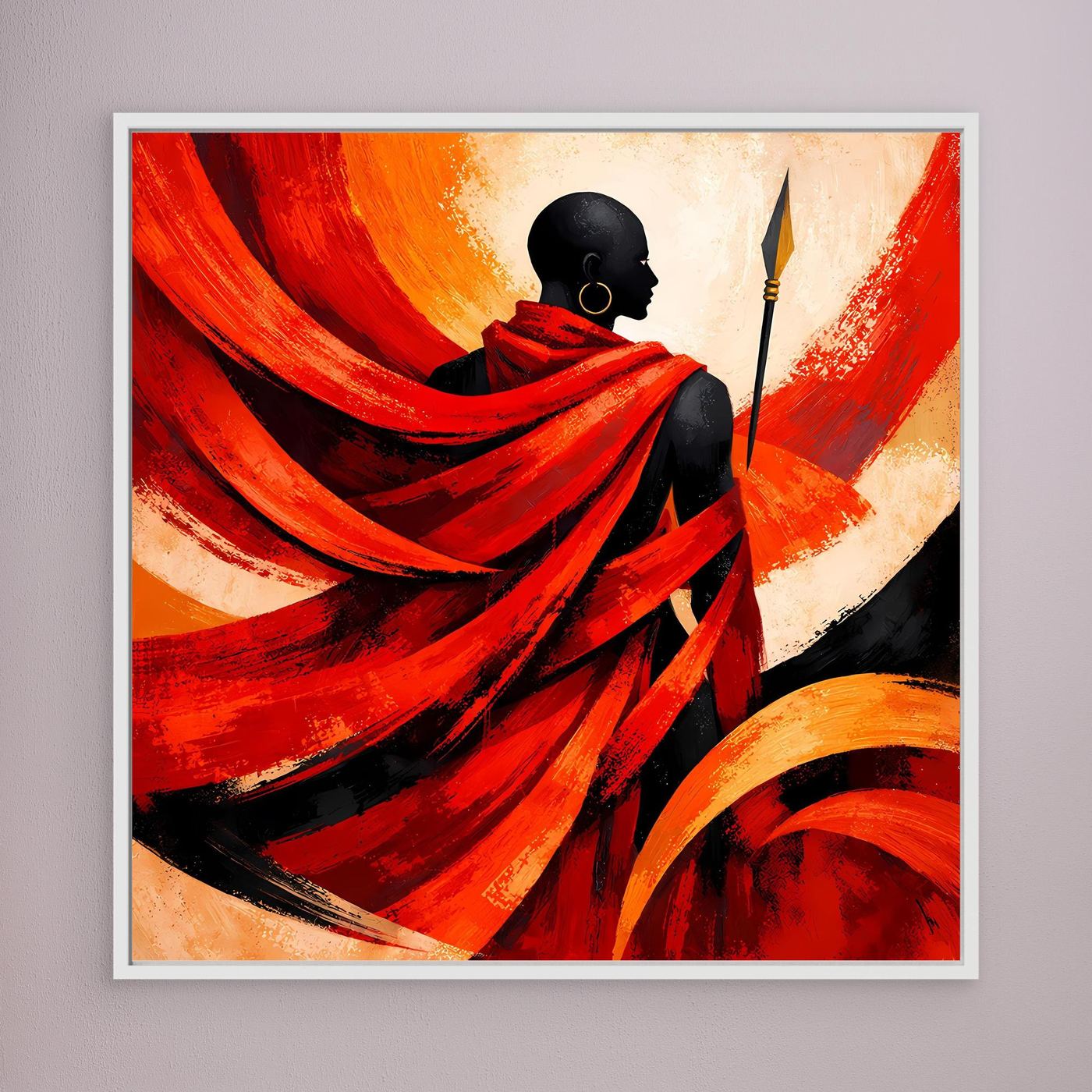 Gerahmtes Leinwand-Wandbild: rotes Gewand mit schwarzer Kriegerfigur und Lanze