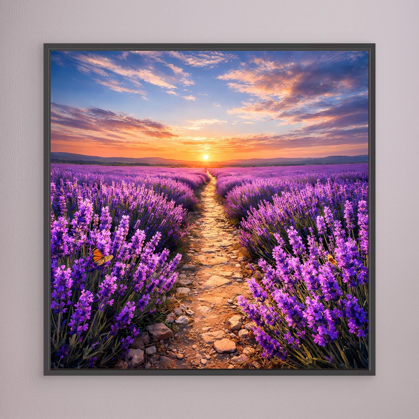 Leinwandbild mit Lavendelfeld und Sonnenuntergang, lila Blütenweg, dunkel gerahmt