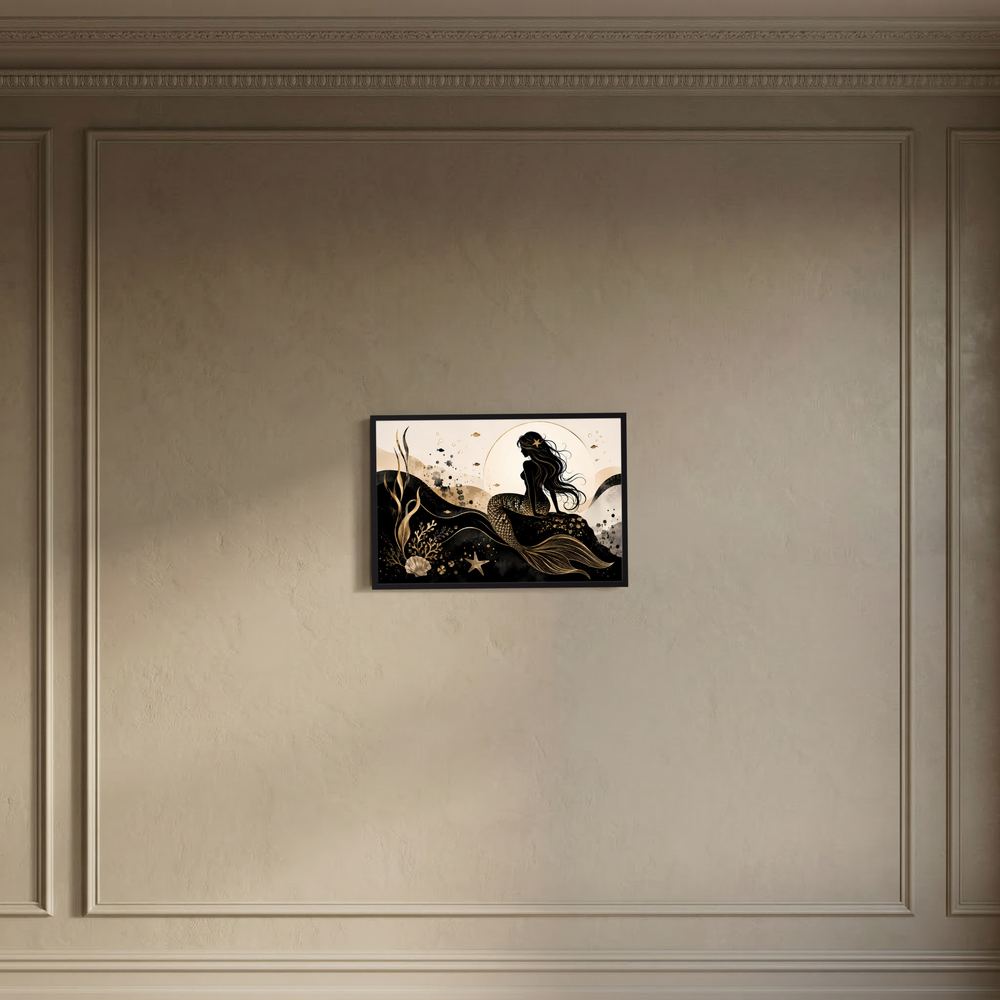 Gerahmtes Querformat-Poster mit Meerjungfrau-Silhouette in Schwarz und Gold, schwarzer Rahmen