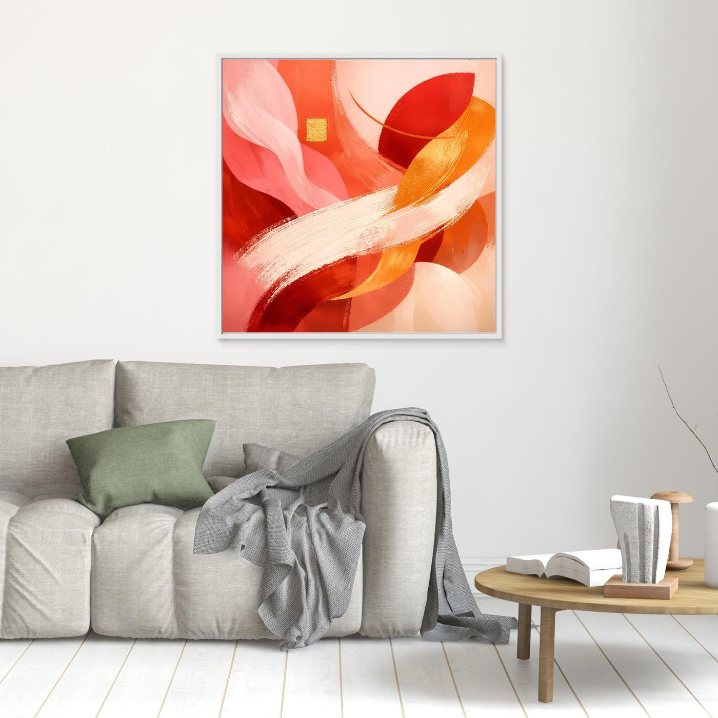 Abstraktes Leinwandbild Rot-Orange-Gold mit weißen Schwungstrichen über Sofa im Wohnzimmer