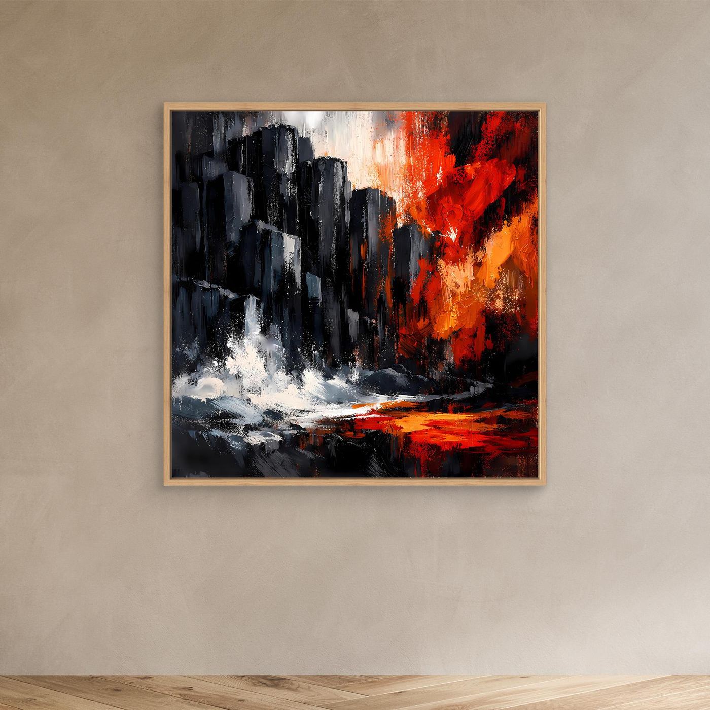 Abstraktes Leinwand-Wandbild mit Eichenrahmen: dunkle Klippen, Rot-Orange, weiße Spritzer