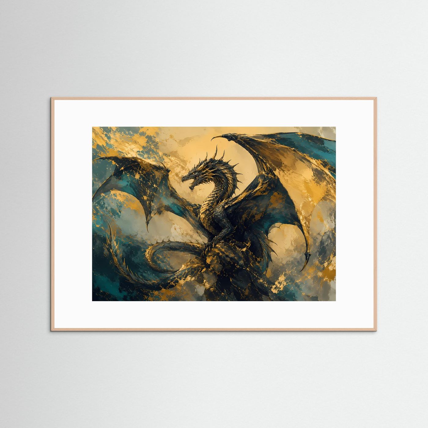 Fantasy-Poster mit Drache in Gold und Blau, Querformat, hellbrauner Holzrahmen