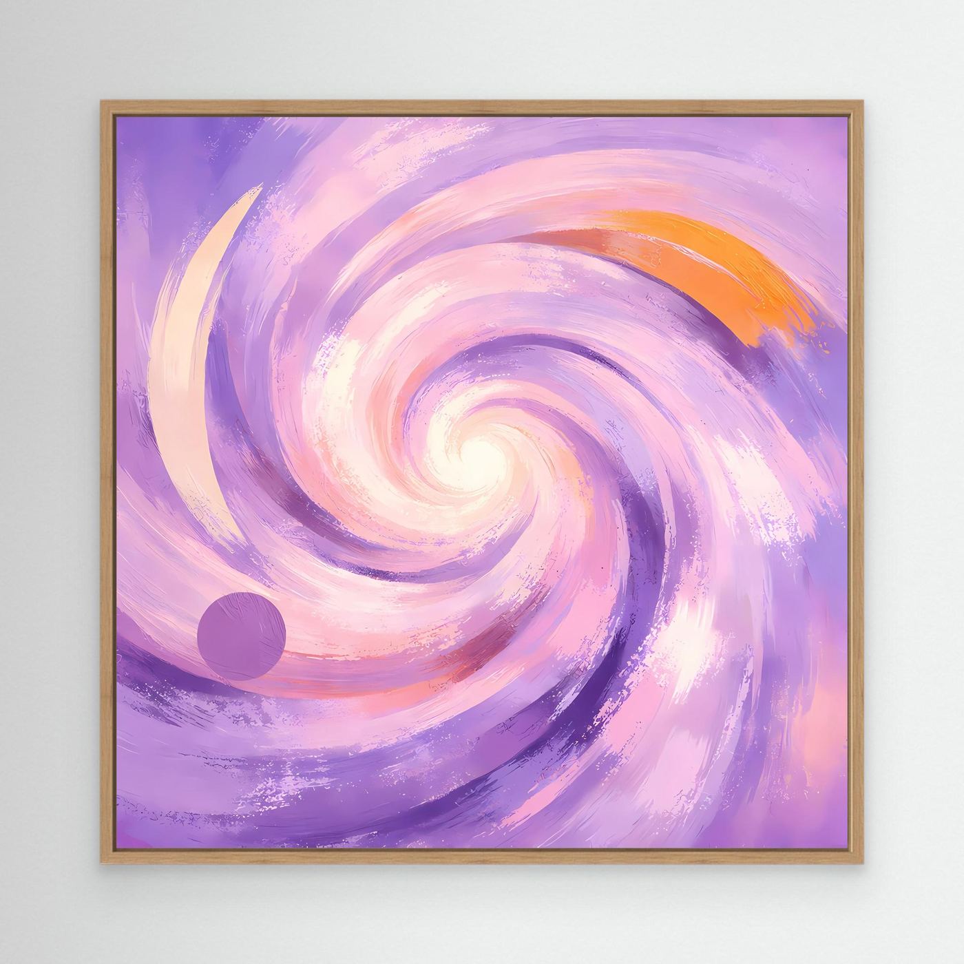 Abstraktes Leinwandbild Pastellwirbel in Flieder und Rosa mit orangefarbenem Bogen im Eichenrahmen