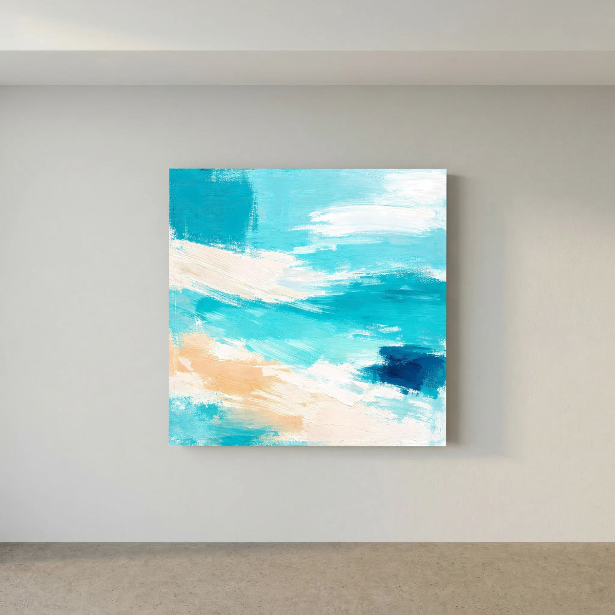Quadratisches Leinwandbild mit abstrakten Meereswellen, hellen Strukturen in Blau