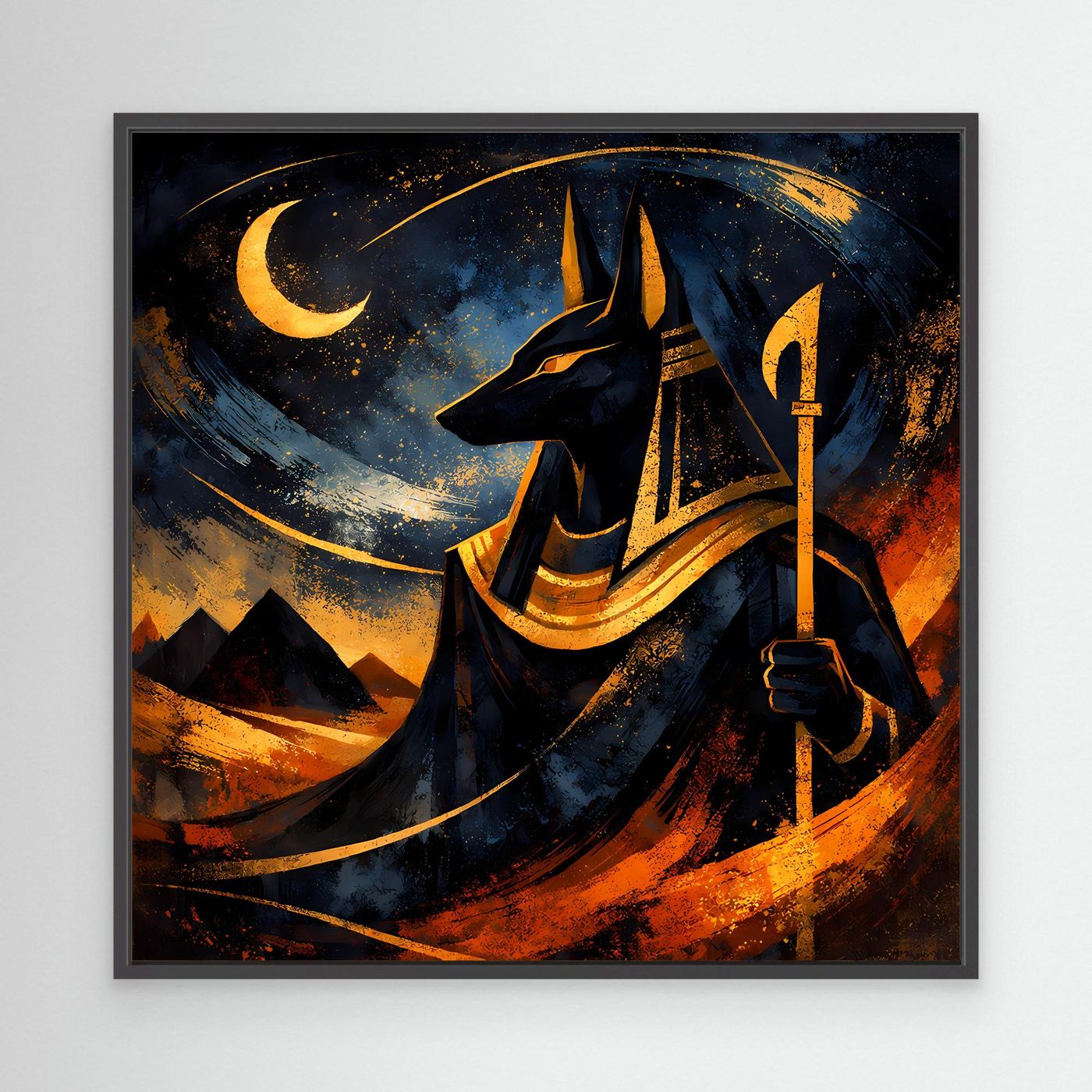 Leinwandbild mit Anubis, Mondsichel und Fackel im Nachtmotiv, schwarzer Rahmen