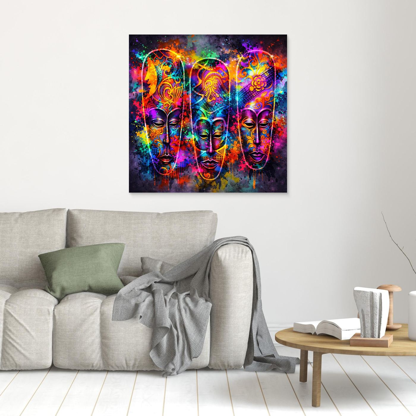 Kleines Leinwandbild mit drei farbigen Masken im Neon-Stil, schwarze Einfassung