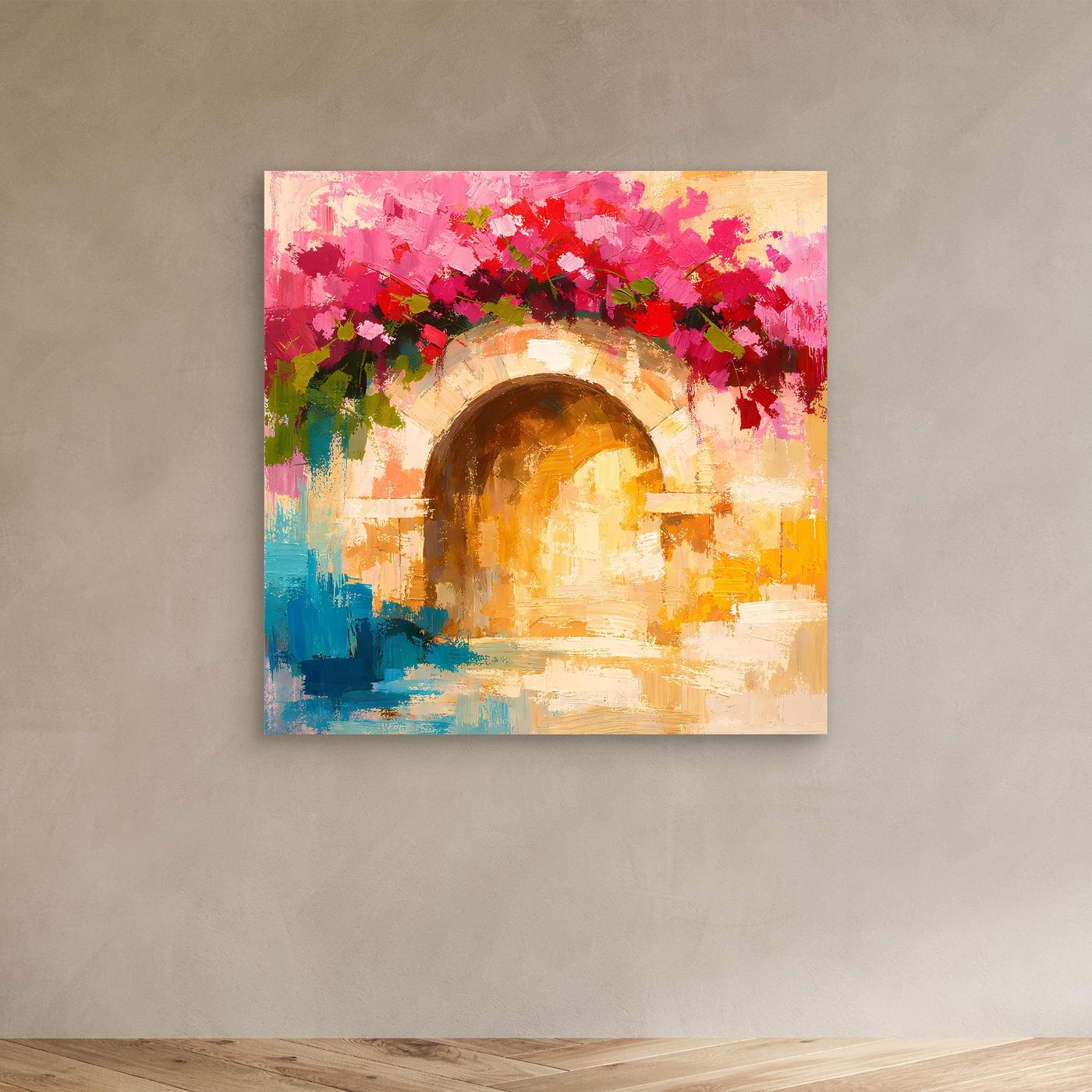 Leinwand Abstrakter Torbogen mit Bougainvillea | Modernes Mediterranes Wandbild Italien
