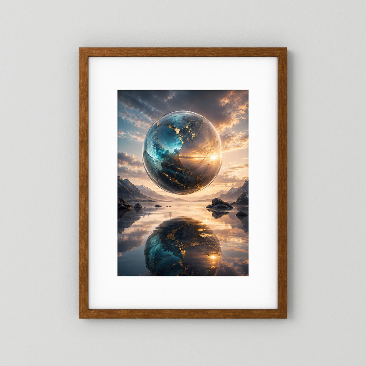 Hochformat-Poster mit schwebender Erdkugel in Blau und Gold, Spiegelung im Wasser, brauner Holzrahmen