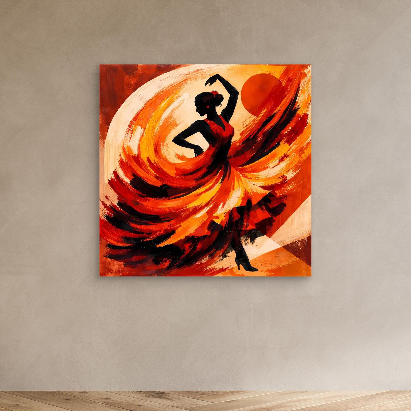 Leinwandbild der Flamencotänzerin in Schwarz mit roten und orangefarbenen abstrakten Bögen
