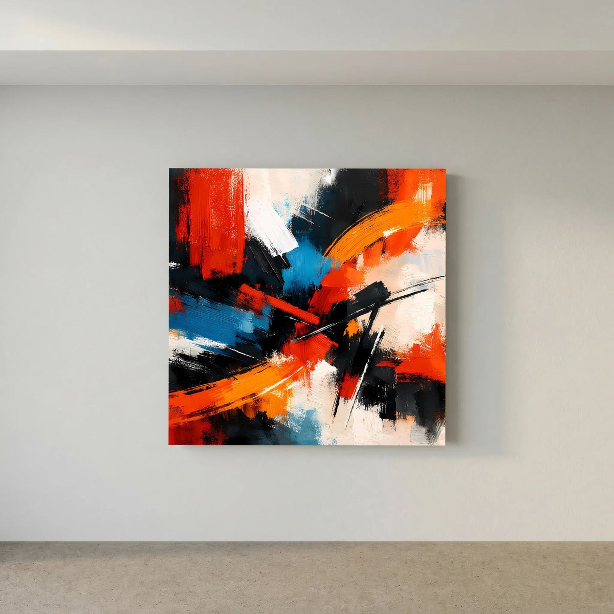 Abstraktes Leinwandbild auf Holzkeilrahmen mit roten, blauen und schwarzen Farbflächen