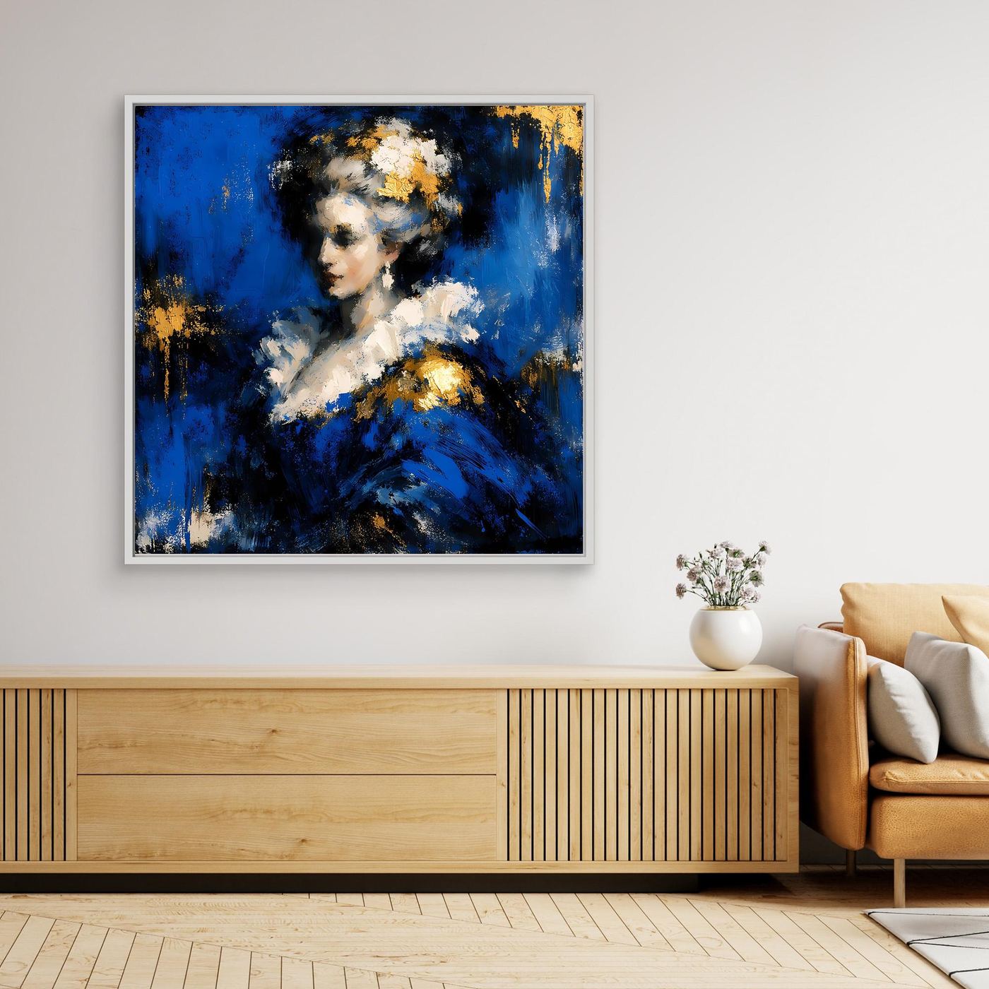 Leinwand Elegante Barock-Dame in Blau und Gold | Abstraktes Porträt Wandbild