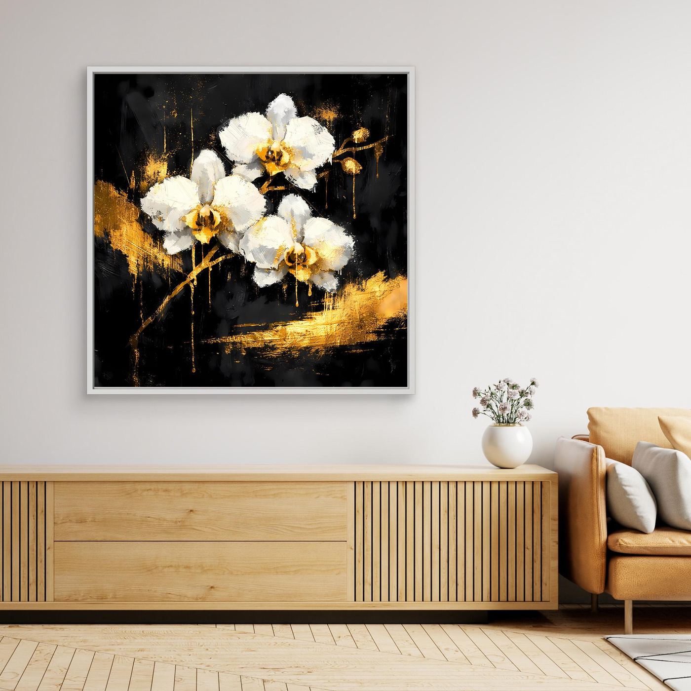 Leinwand Elegante Orchideen in Gold und Schwarz | Modernes Florales Luxus Wandbild