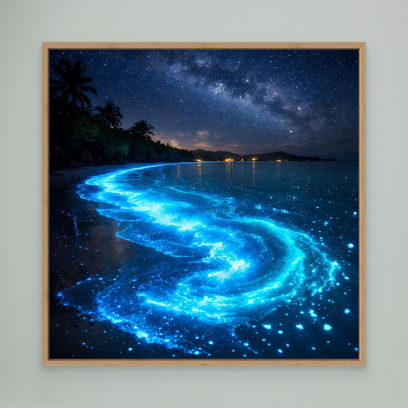 Leinwandbild Leuchtende Bucht mit blauem Biolumineszenz-Strand und Eichenrahmen