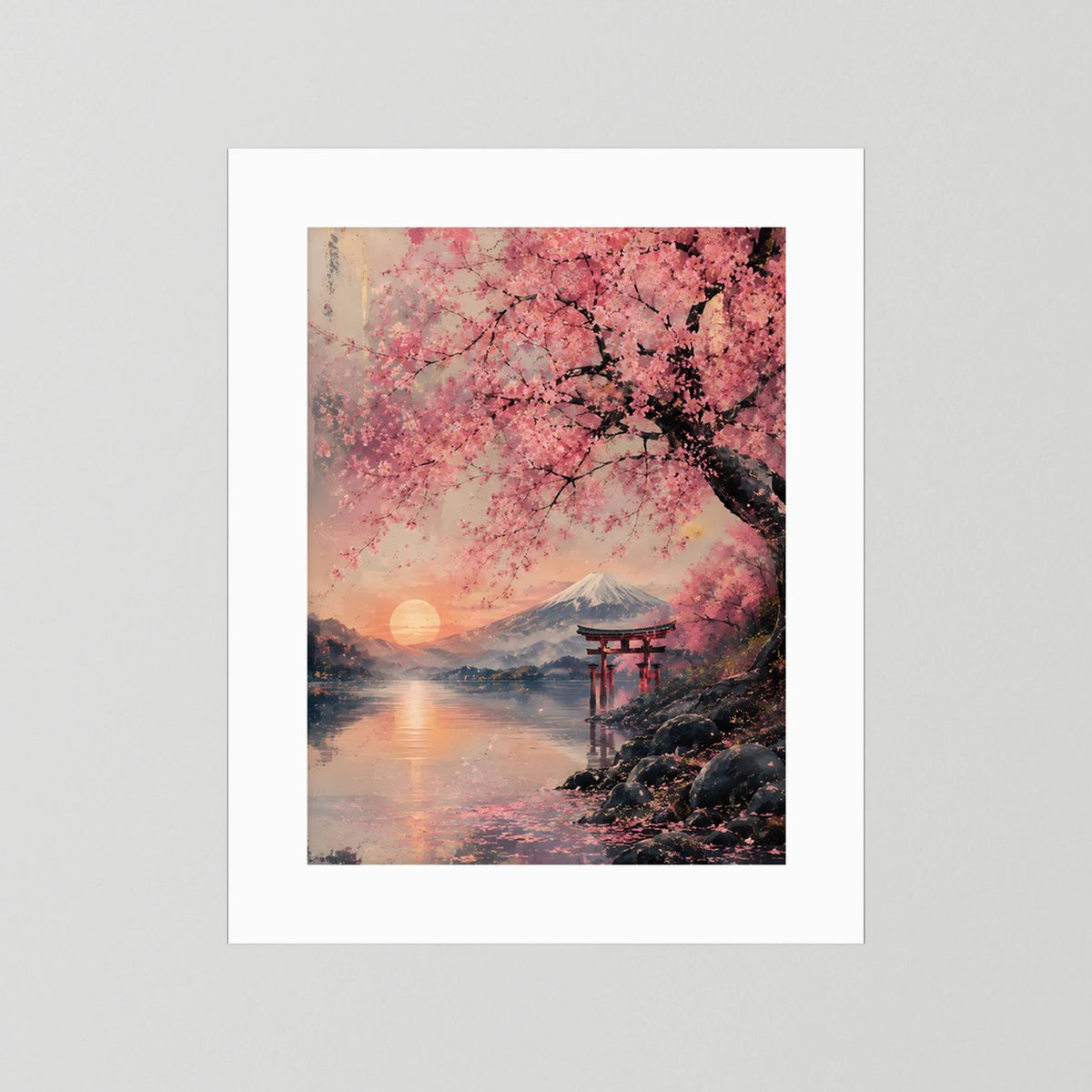 Poster im Hochformat mit Kirschblüten, Fuji und Torii, ohne Rahmen, mit weißem Rand