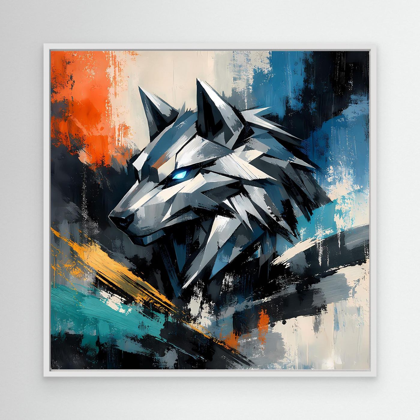 Leinwandbild mit geometrischem Cyber-Wolf im hellen Rahmen, abstrakte Mecha-Formen in Blau