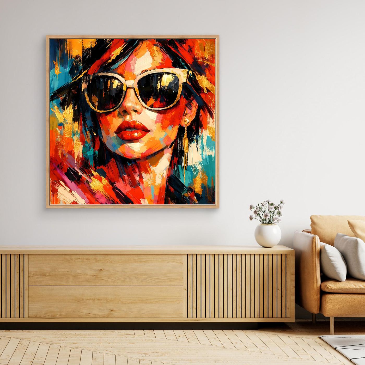 Gerahmtes Leinwandbild: Porträt einer Frau mit Sonnenbrille, Pop-Art, heller Holzrahmen