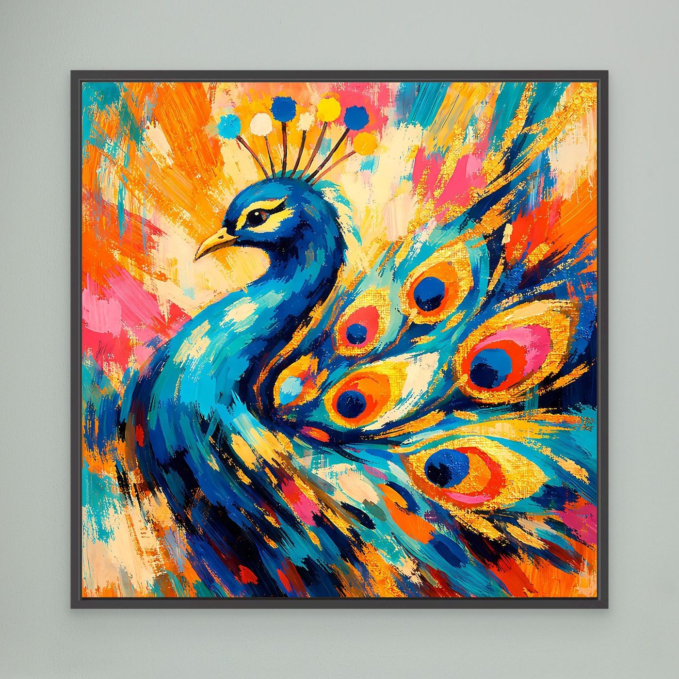 Leinwandbild mit schwarzem Rahmen: abstraktes Pfau-Motiv in kräftigen Blau- und Orangetönen