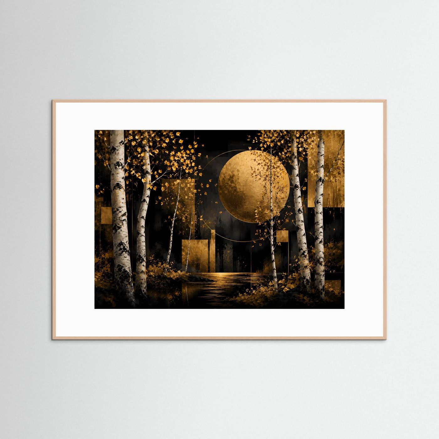 Abstraktes Querformat-Poster mit goldener Kugel und Birken im dunklen Wald, roséfarbener Rahmen