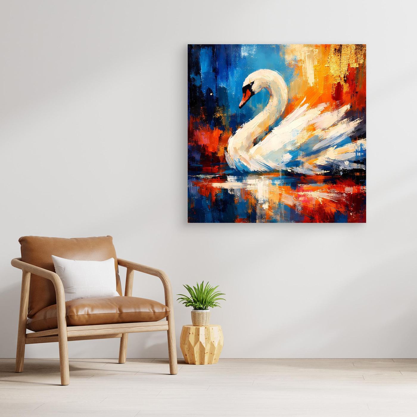 Leinwandbild mit Schwanmotiv, leuchtende Farbflecken in Blau, Orange und Rot, gerahmt.