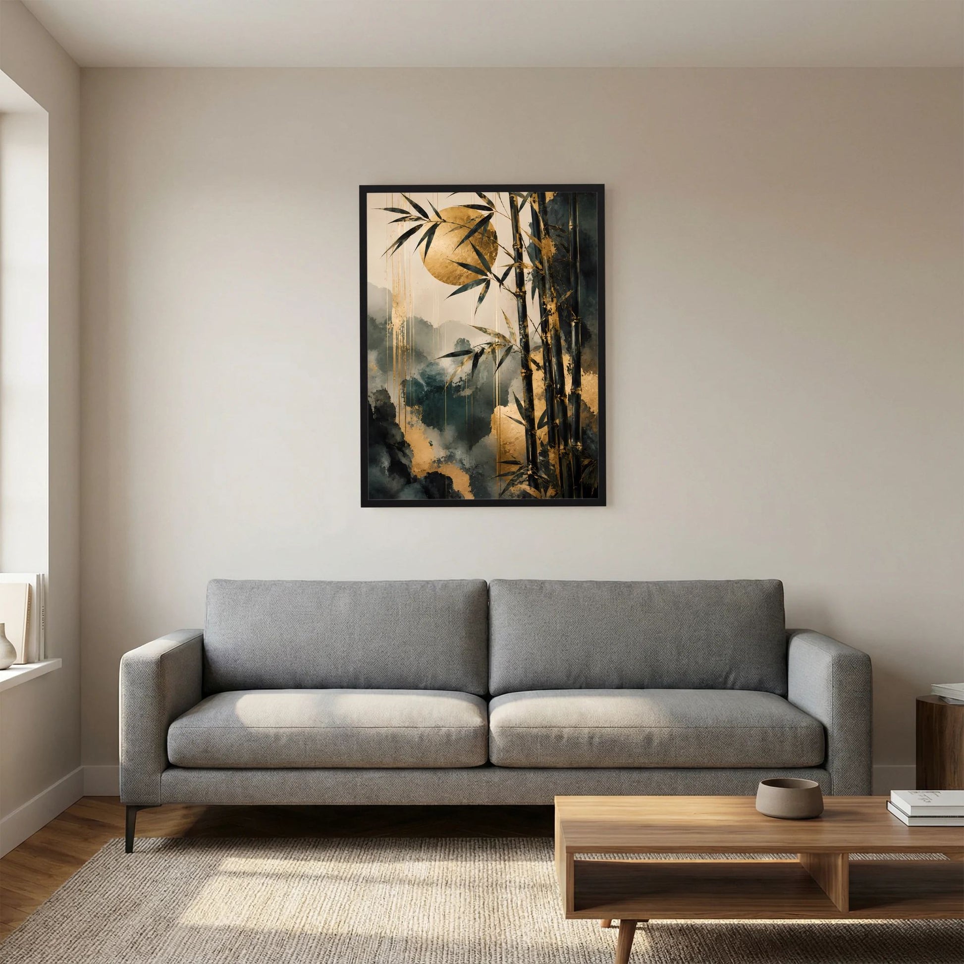 Hochformatiges Wandposter mit abstrakten Bambusblättern und dunklem Rahmen