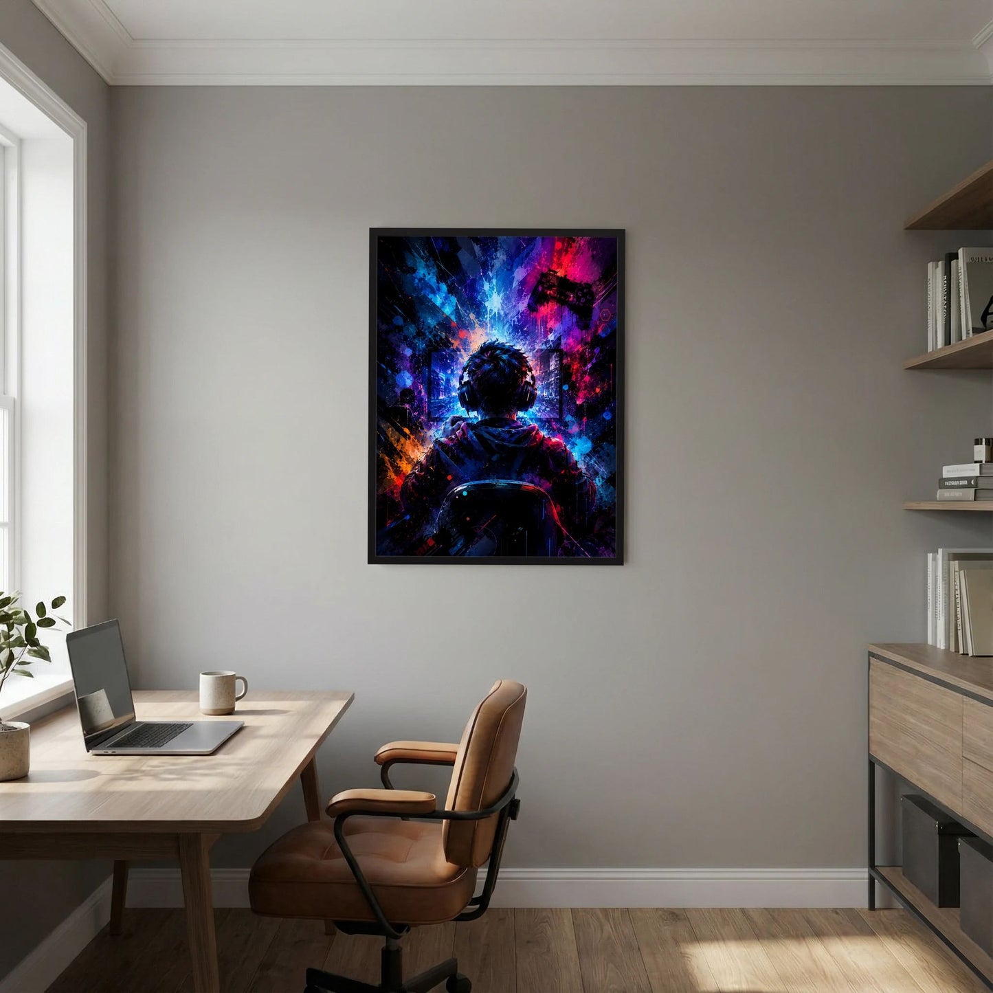 Wandposter im schwarzen Rahmen mit Neon-Illustration: Gamer mit Headset