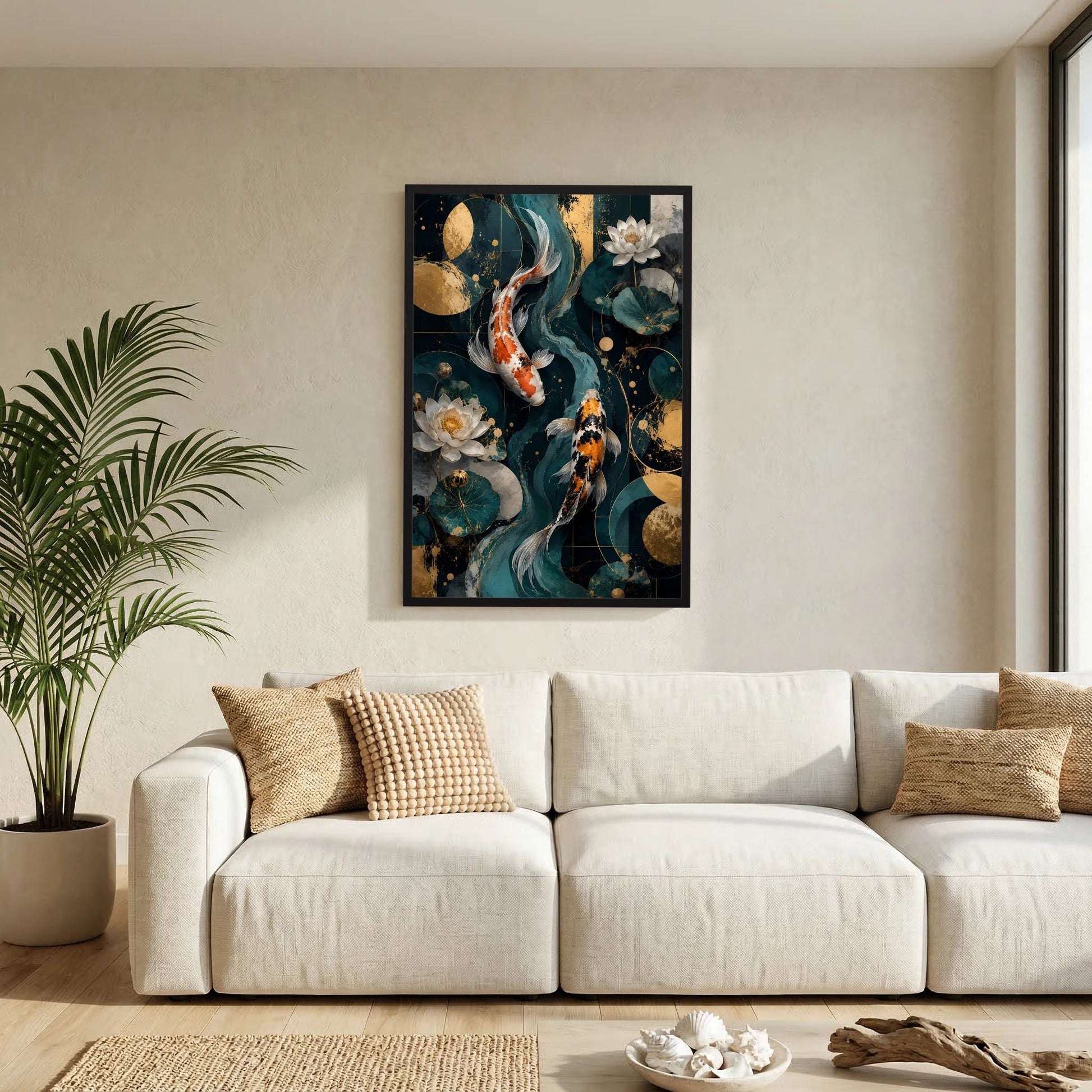Gerahmtes Hochformat-Poster: Koi-Fische in Petrol und Orange, mit weißen Lotusblüten