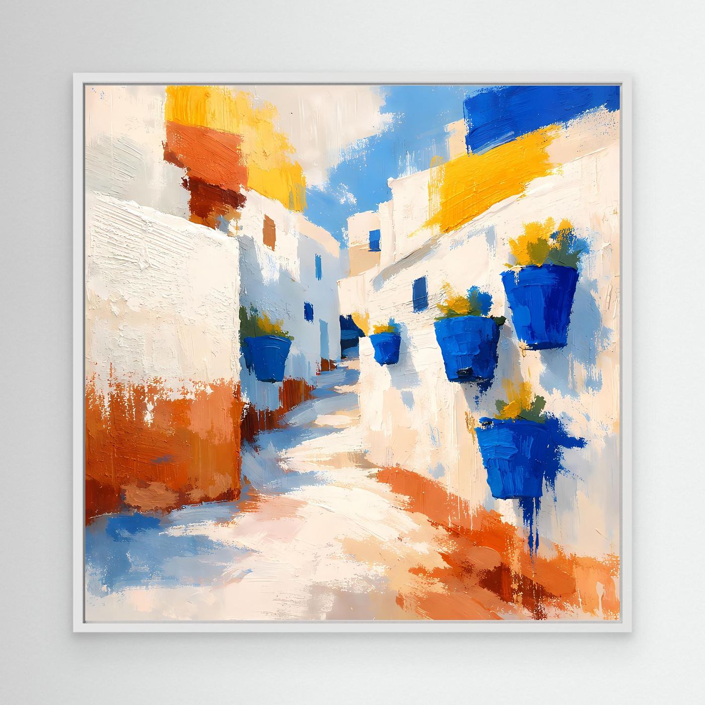 Leinwand Griechische Gasse mit blauen Blumentöpfen | Abstraktes Santorin Wandbild