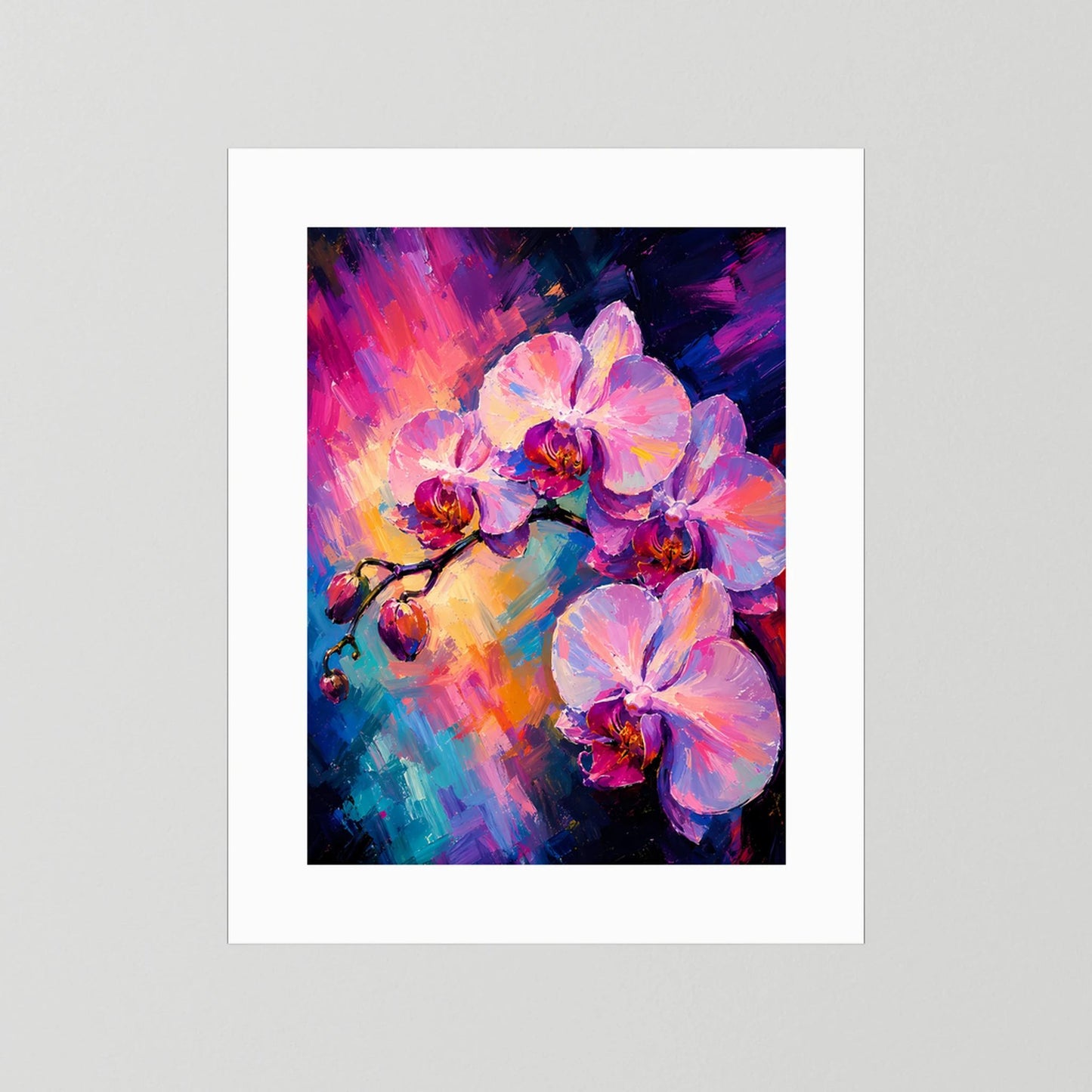 Kunstposter im Hochformat: abstrakte Orchideenblüten in Pink, Violett und Blau, ohne Rahmen