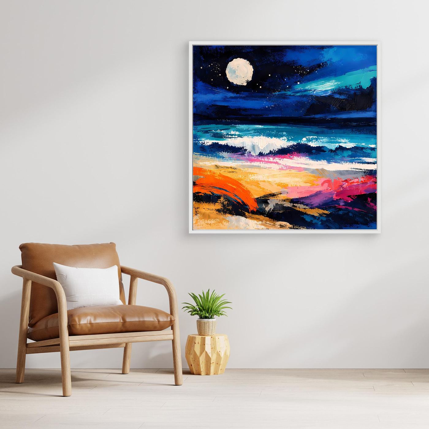Abstraktes Küstenbild mit Vollmondschein, türkis-blaues Meer und orange Küste, Holzrahmen