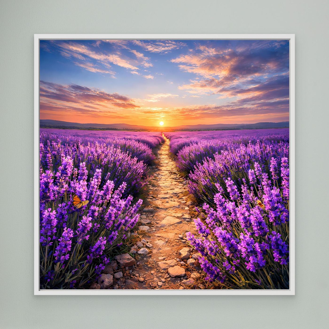 Leinwandbild mit Lavendelfeld und goldenem Sonnenuntergang, lila Blüten, weiß gerahmt