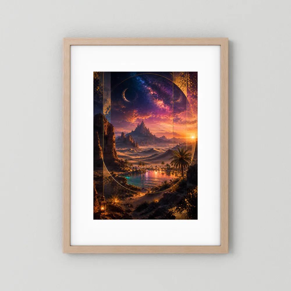 Hochformat-Poster in hellem Holzrahmen mit weißem Rand: Sternenhimmel über Wüste.