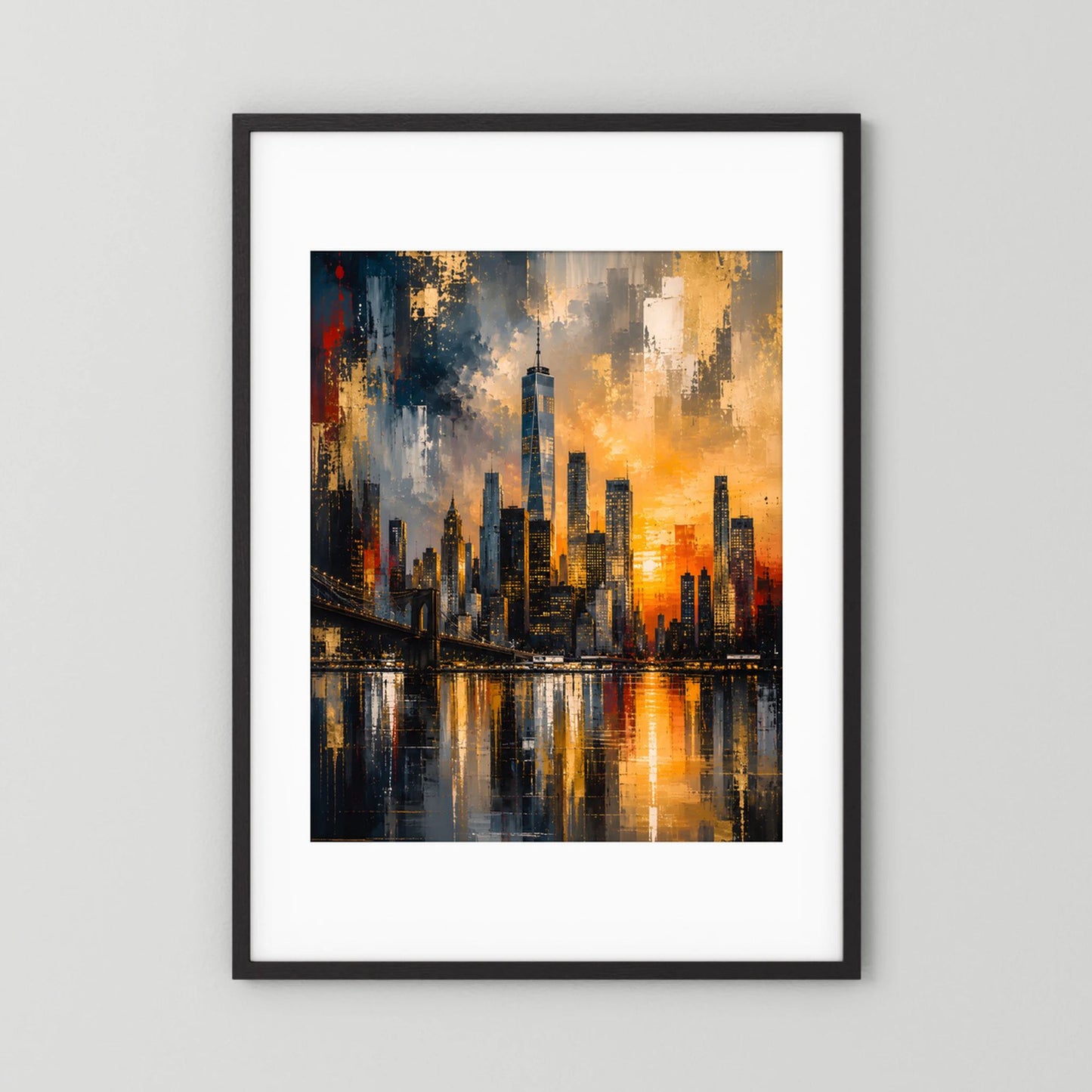 Poster im schwarzen Rahmen mit weißem Rand, abstrakte Skyline in Gold und Schwarz