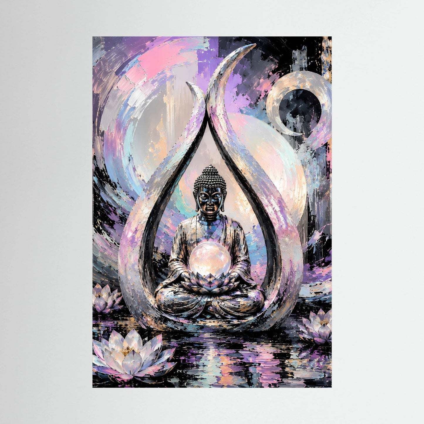 Kunstposter im Hochformat mit Buddha im Lotussitz, pastellfarbenen Schleierformen und Perlmutt-Lichtkreis