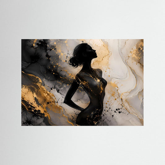 Abstraktes Frauen-Silhouetten-Wandbild: schwarze Figur, gold-grauer Marmoreffekt, ohne Rahmen