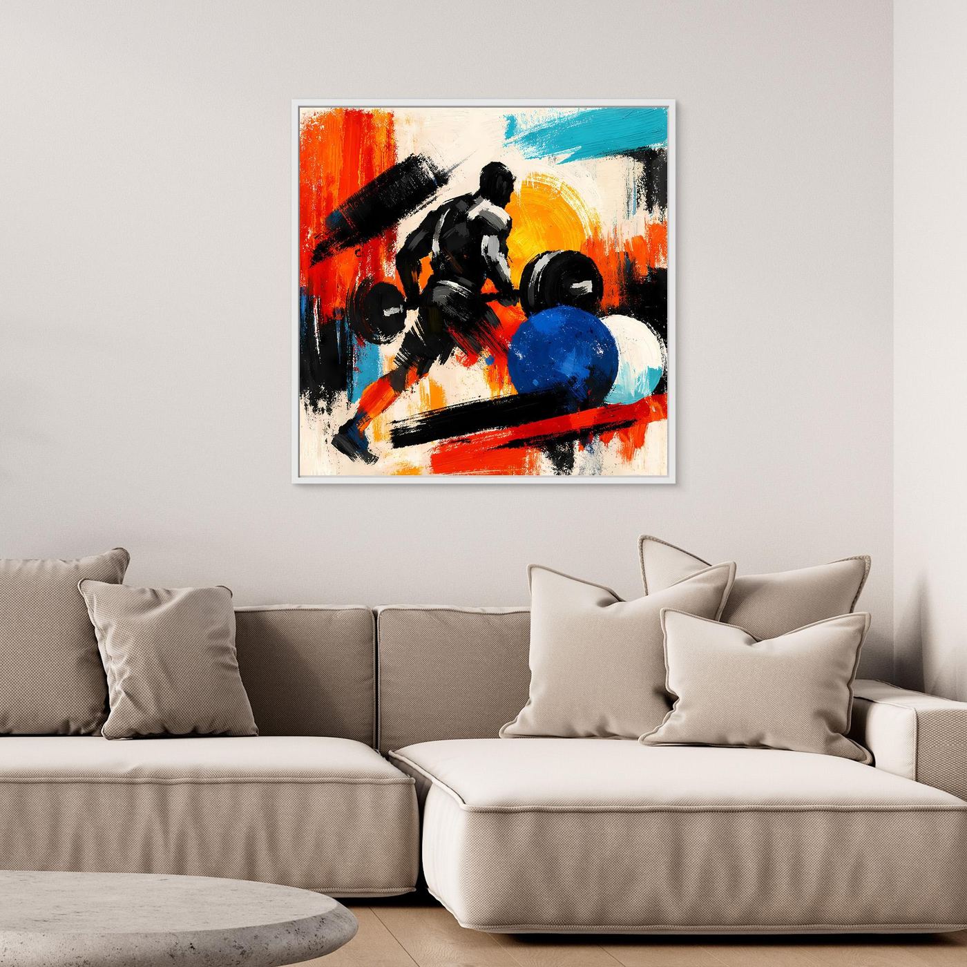 Abstract fitness wall canvas with colorful bodybuilder and dumbbells, white frame