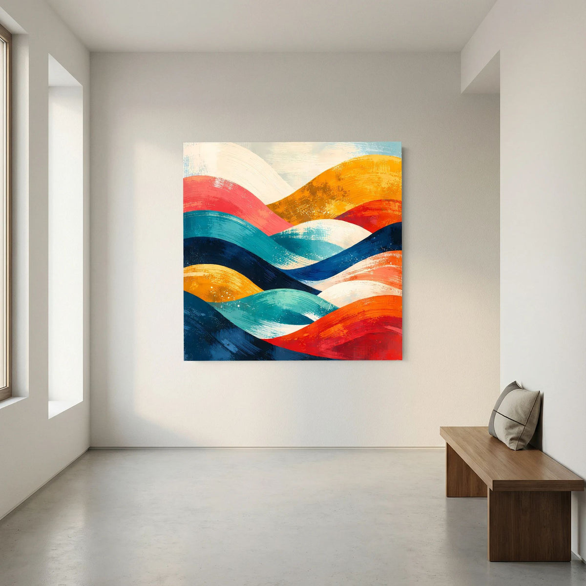 Quadratisches Wandbild: abstrakte, farbenfrohe Wellenhügel auf Holz-Keilrahmen