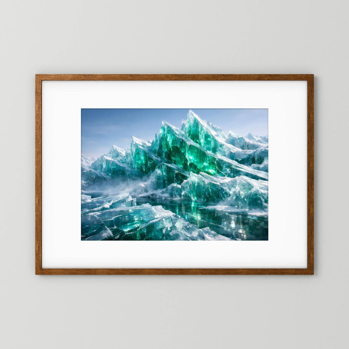Wandbild mit smaragdgrünen Eisbergen im Holzrahmen mit weißer Einfassung, Querformat
