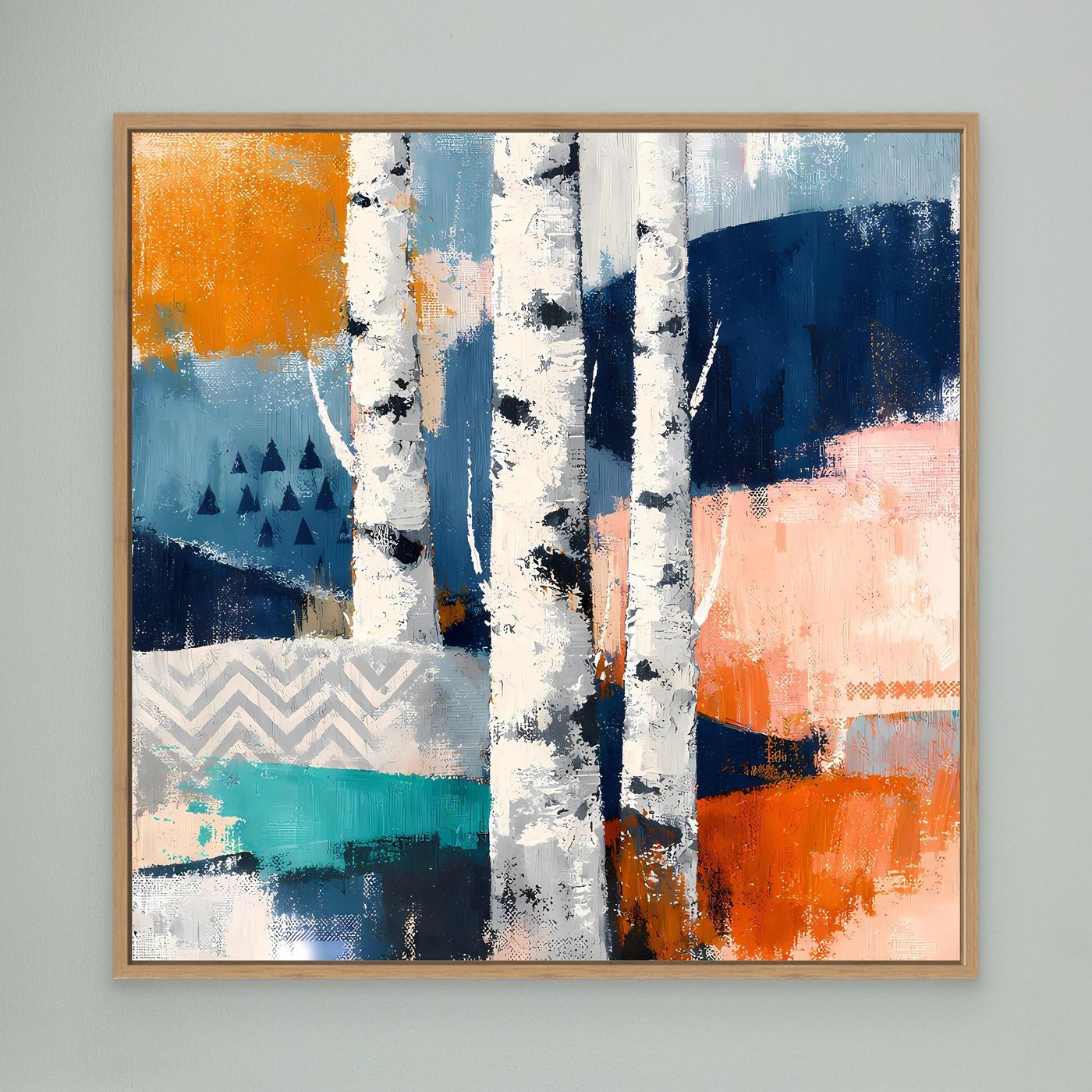 Abstraktes Leinwandbild Birkenwald-Motiv mit hellem Holzrahmen, orange-blaue Akzente