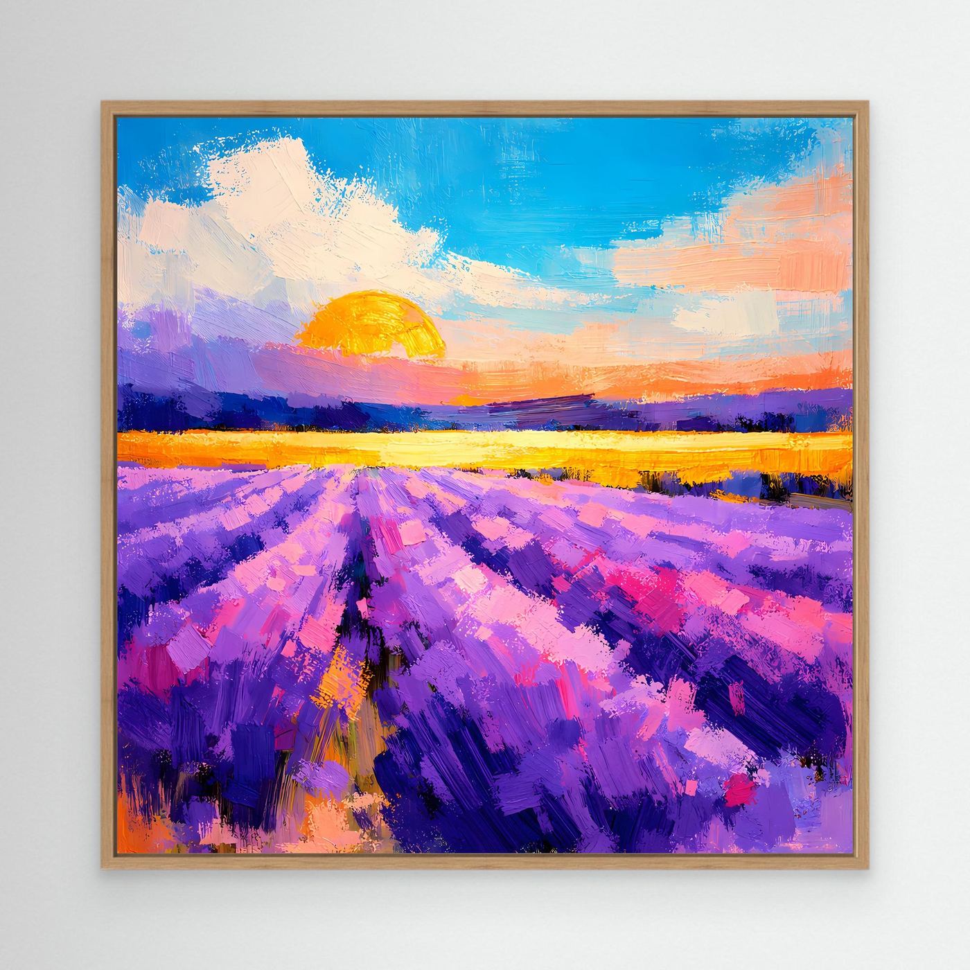Gerahmtes Leinwandbild mit Lavendelfeld bei Sonnenuntergang, Holzrahmen, farbige Pinselstriche
