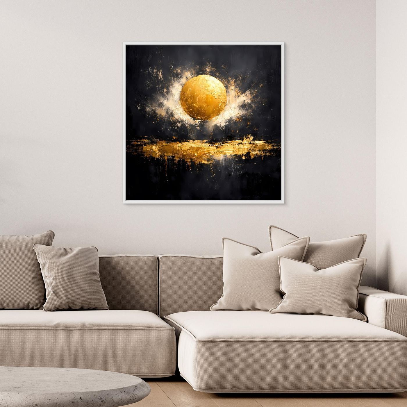 Leinwand Abstrakter Goldener Vollmond | Modernes Kosmisches Wandbild
