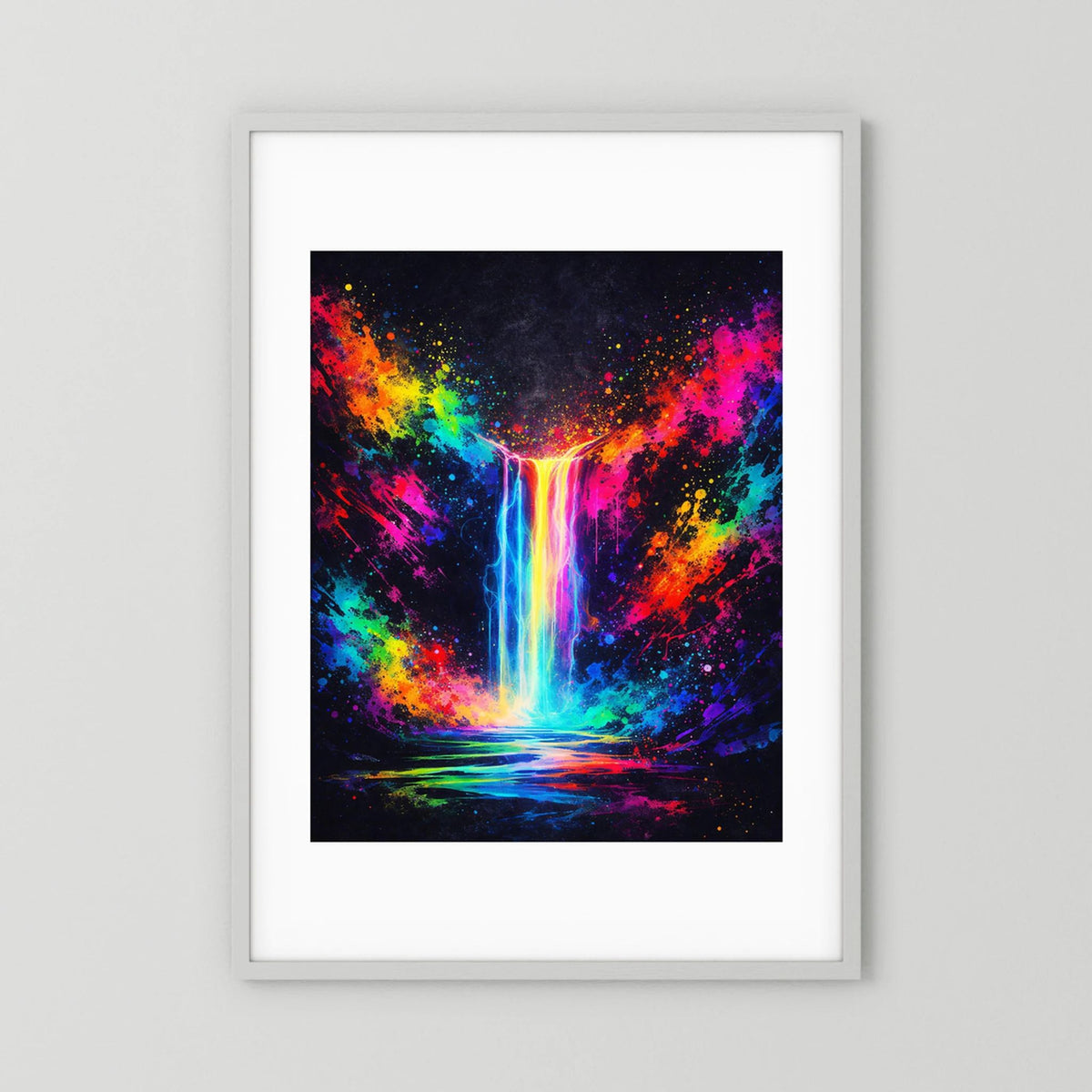 Wandbild-Poster mit Neon-Wasserfall im bunten Farbnebel, weißer Rahmen